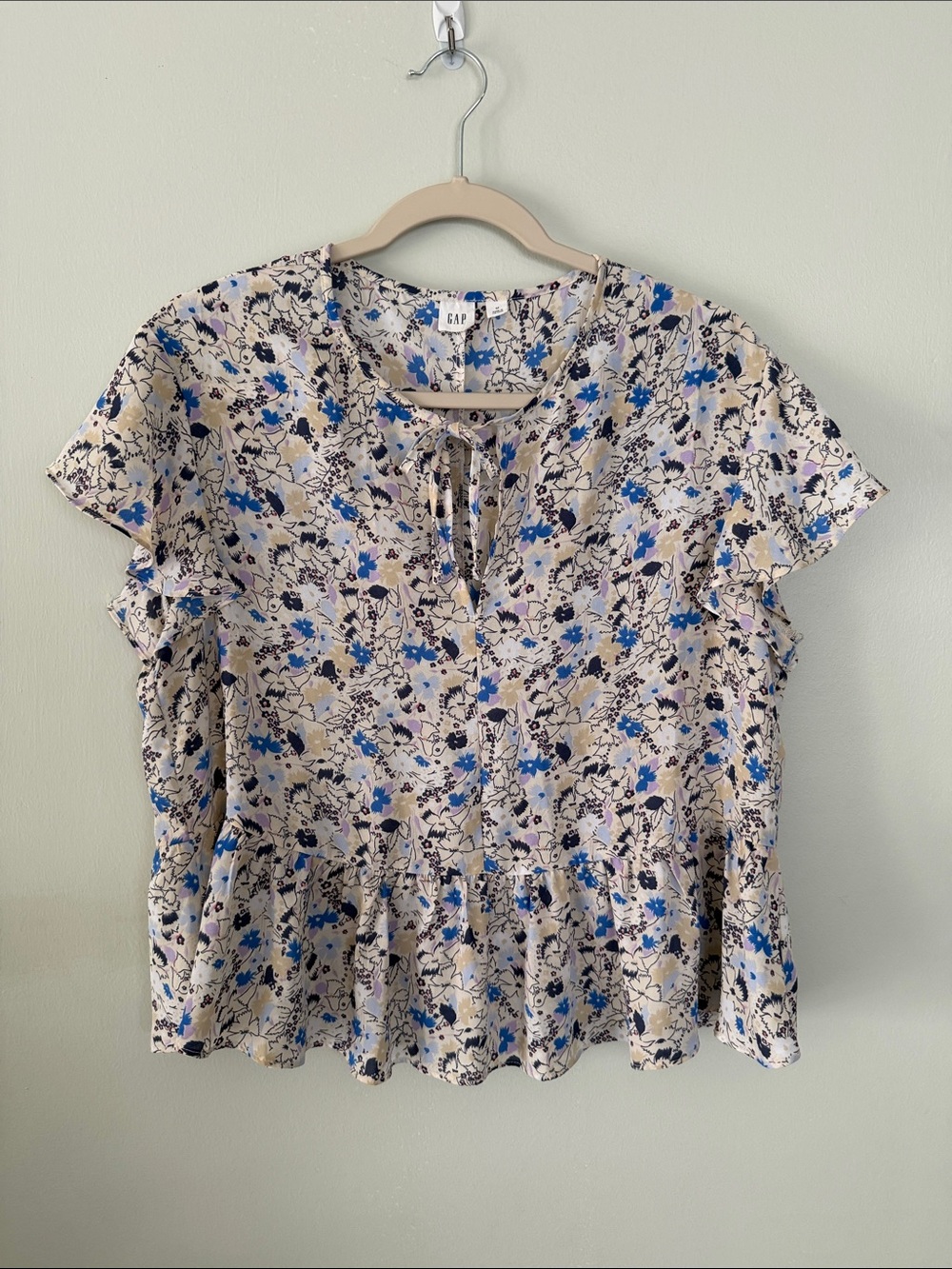GAP Cream Floral Tie-Front Peplum Blouse